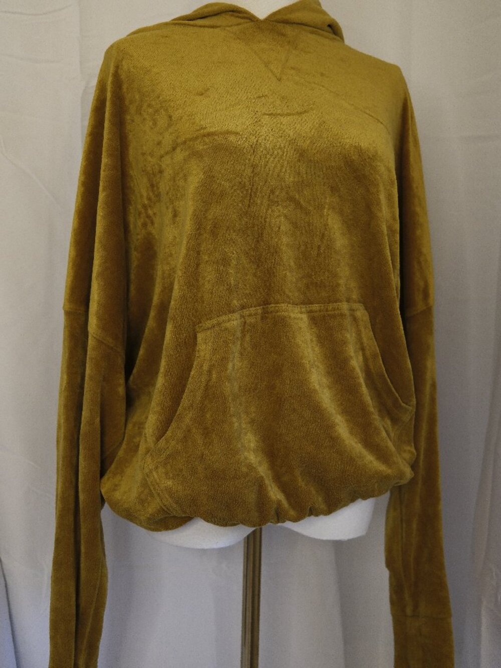 Free People Mustard Velour Oversized Hoodie XS Kangaroo Pocket